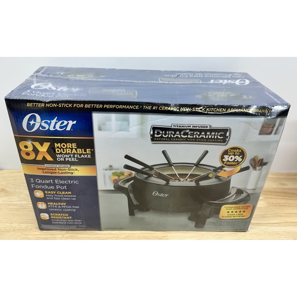Oster DuraCeramic Electric Fondue Pot Set 3 Quart 8 Forks Titanium Infused
